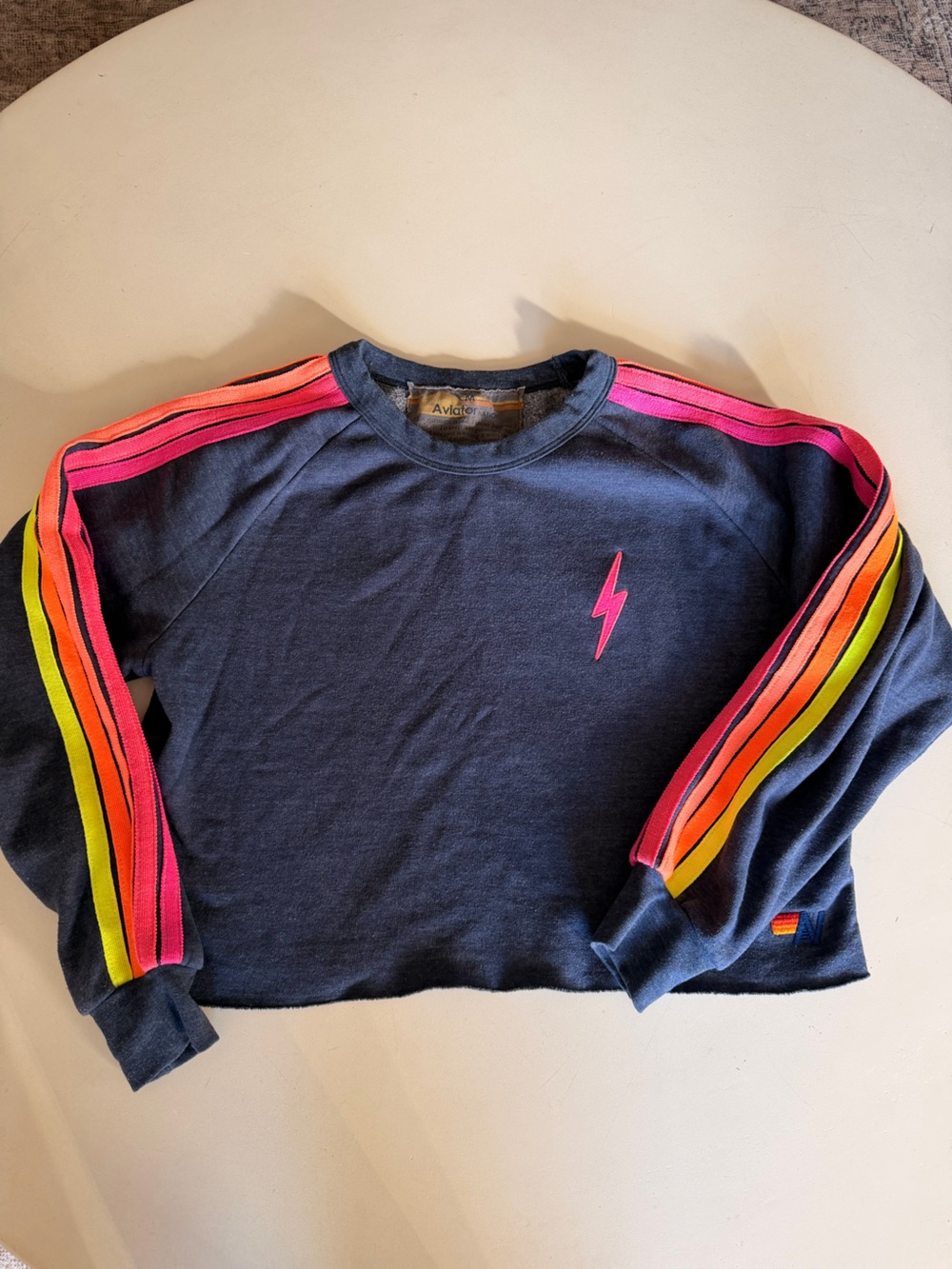 Aviator Nation Navy Crewneck with Neon Pink, Orange & Yellow Stripes